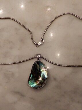 Sterling 925 Silver Italian Chain and Abalone Shell Pendant Necklace